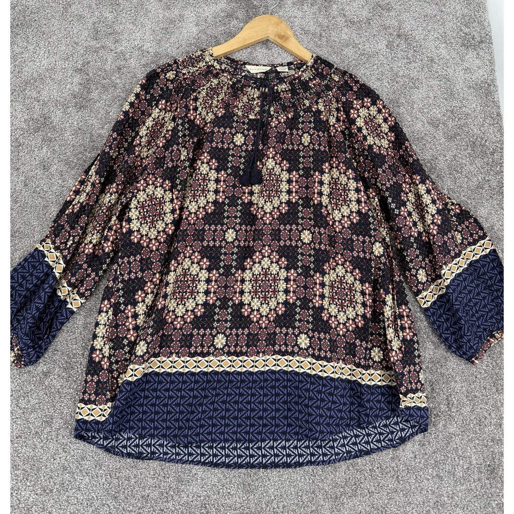 Anthropologie 11.1 Tylho Kay Boho Peasant Blouse Geometric Floral Smocked Top L